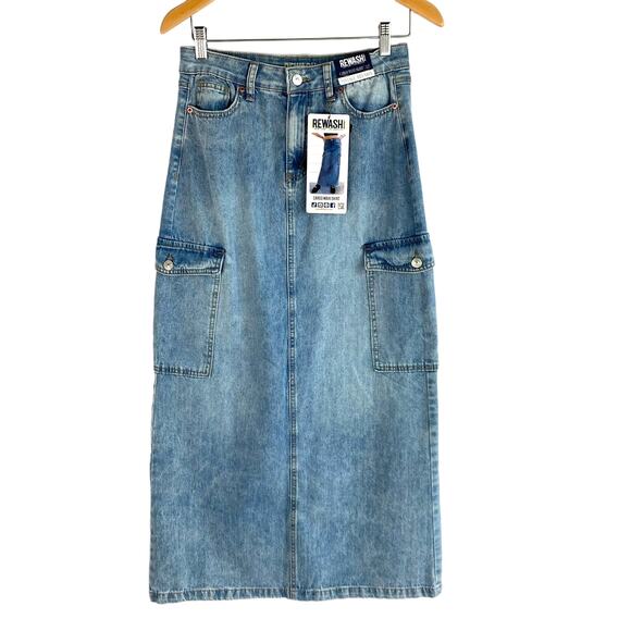 Rewash Cargo Denim Maxi Skirt Women Junior 5/27 Blue Vintage‎ Faded Utility NWT - Picture 1 of 9